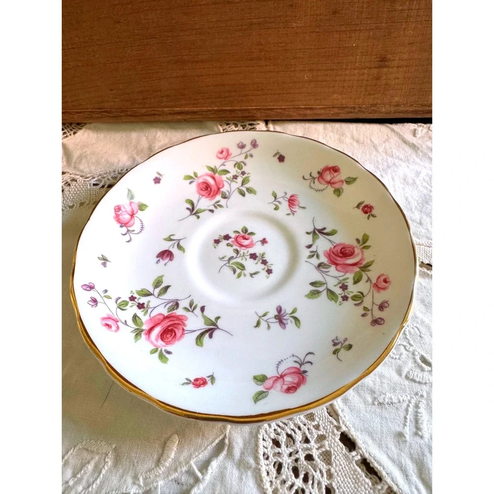 Royal Chelsea English Bone China Teacup Saucer Set Pink Rose Gold Trim 4377 A